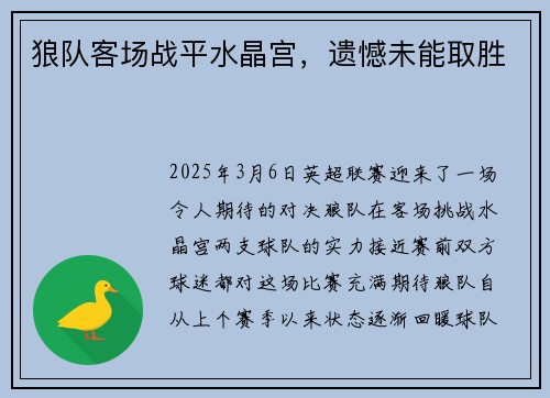 狼队客场战平水晶宫，遗憾未能取胜