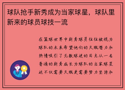 球队抢手新秀成为当家球星,球队里新来的球员球技一流
