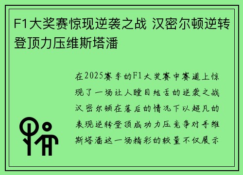 F1大奖赛惊现逆袭之战 汉密尔顿逆转登顶力压维斯塔潘