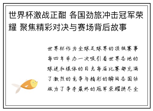 世界杯激战正酣 各国劲旅冲击冠军荣耀 聚焦精彩对决与赛场背后故事
