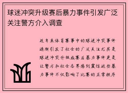 球迷冲突升级赛后暴力事件引发广泛关注警方介入调查