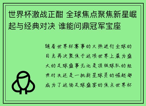 世界杯激战正酣 全球焦点聚焦新星崛起与经典对决 谁能问鼎冠军宝座