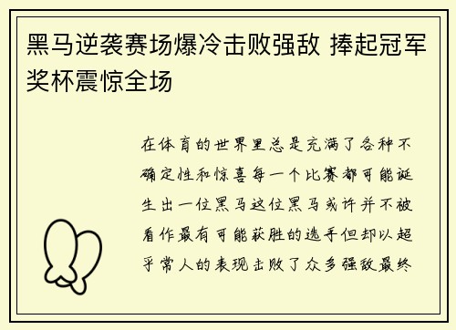 黑马逆袭赛场爆冷击败强敌 捧起冠军奖杯震惊全场
